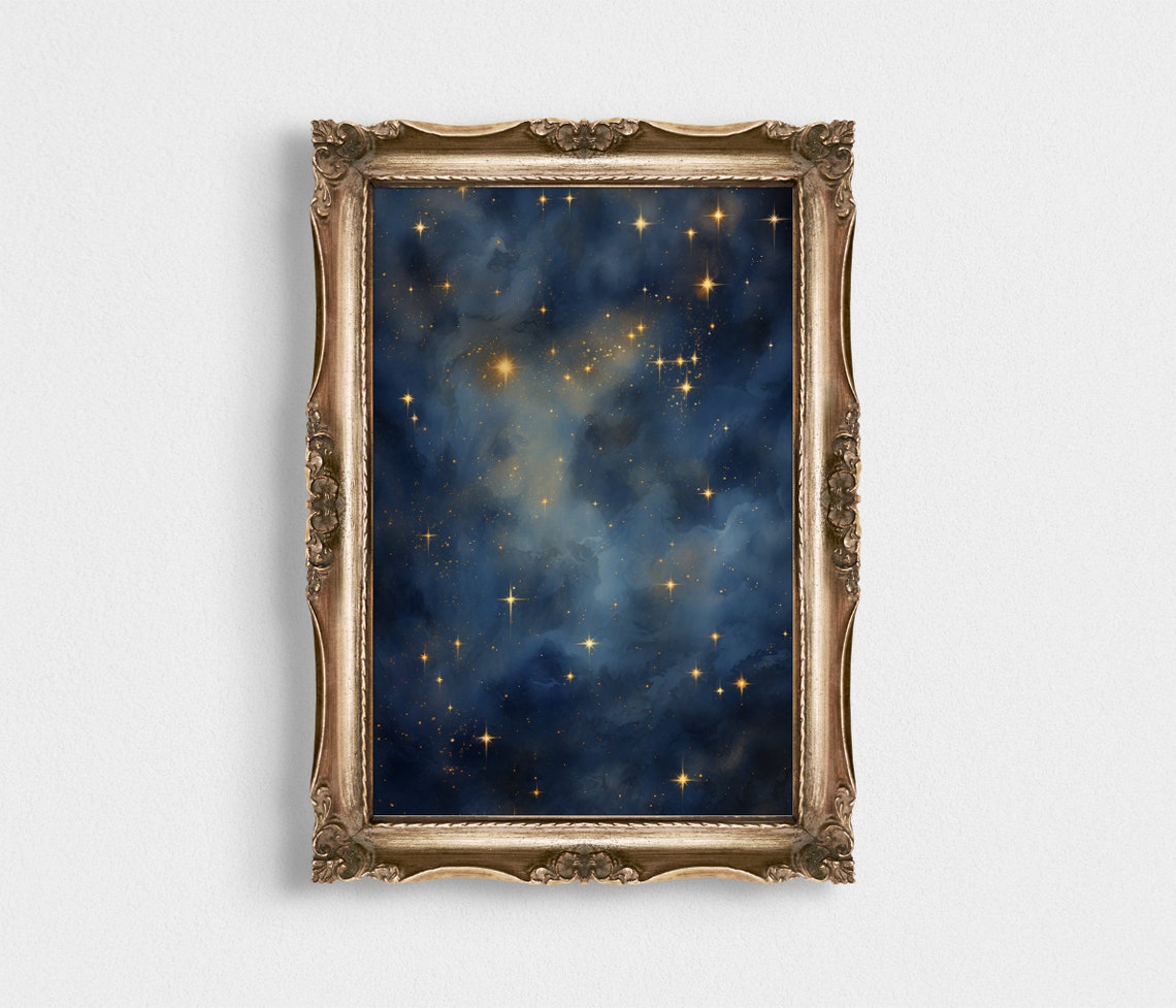 Deep Blue Watercolor Night Sky Golden Twinkling Stars Poster