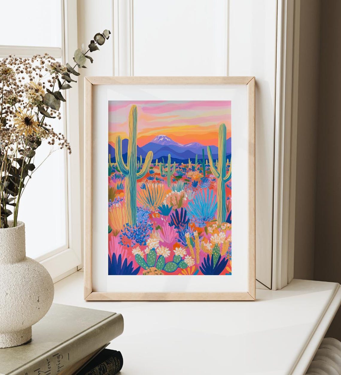 Pink Desert Sunset Saguaro Cactus Mountain Wildflower Art Poster - Image 3