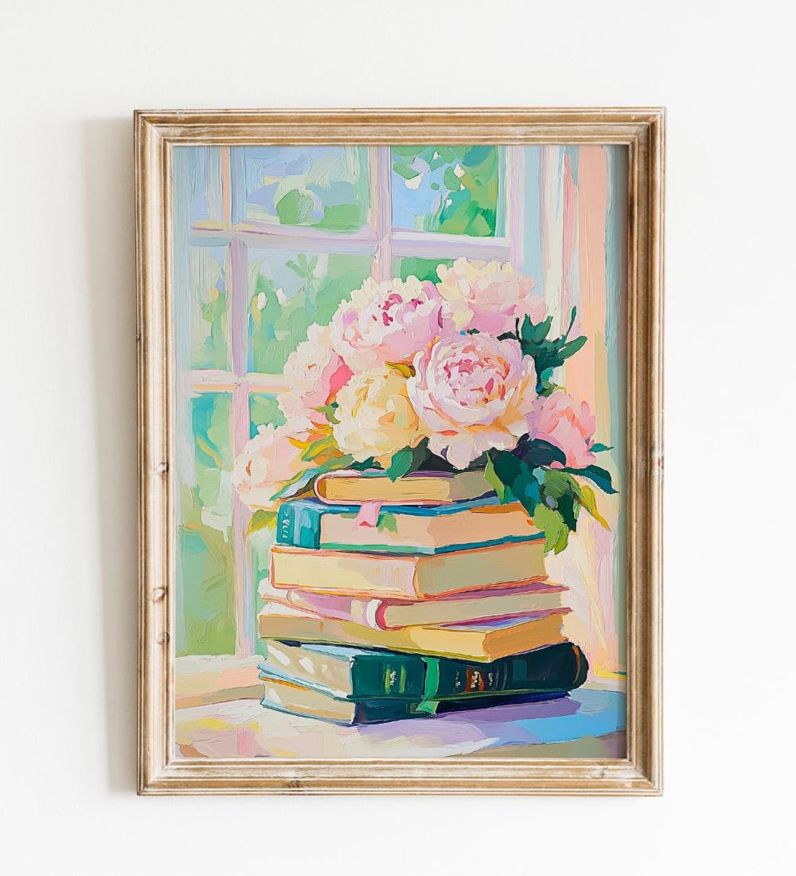 Pink Peonies on Stack of Books by Window Reading Nook Art Print