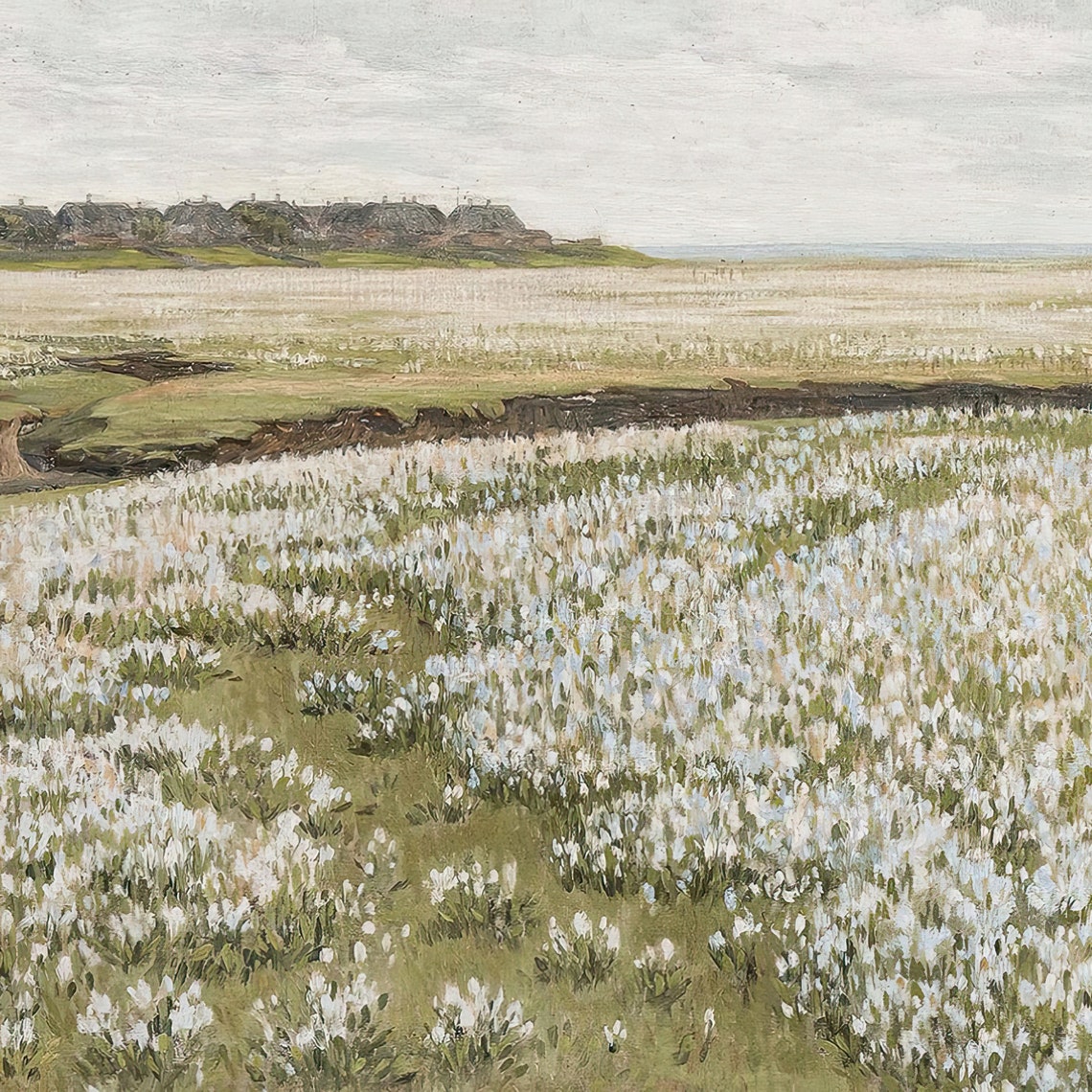 Spring Meadow Painting White Wildflowers Field Distant Cottages Poster - Image 2