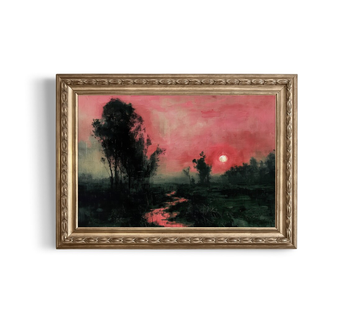 Red Sunset Over Dark Marshland Wetland Vintage Mood Painting Poster - Image 3