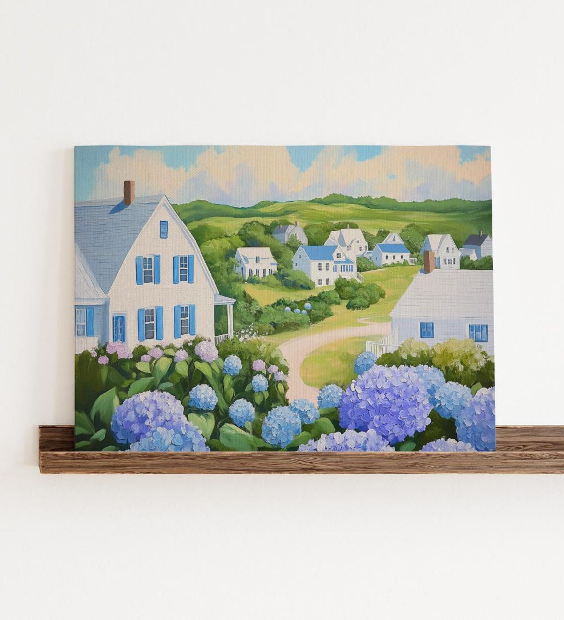 Coastal Village Lane White Cottages Hydrangeas Summer Poster - Image 3