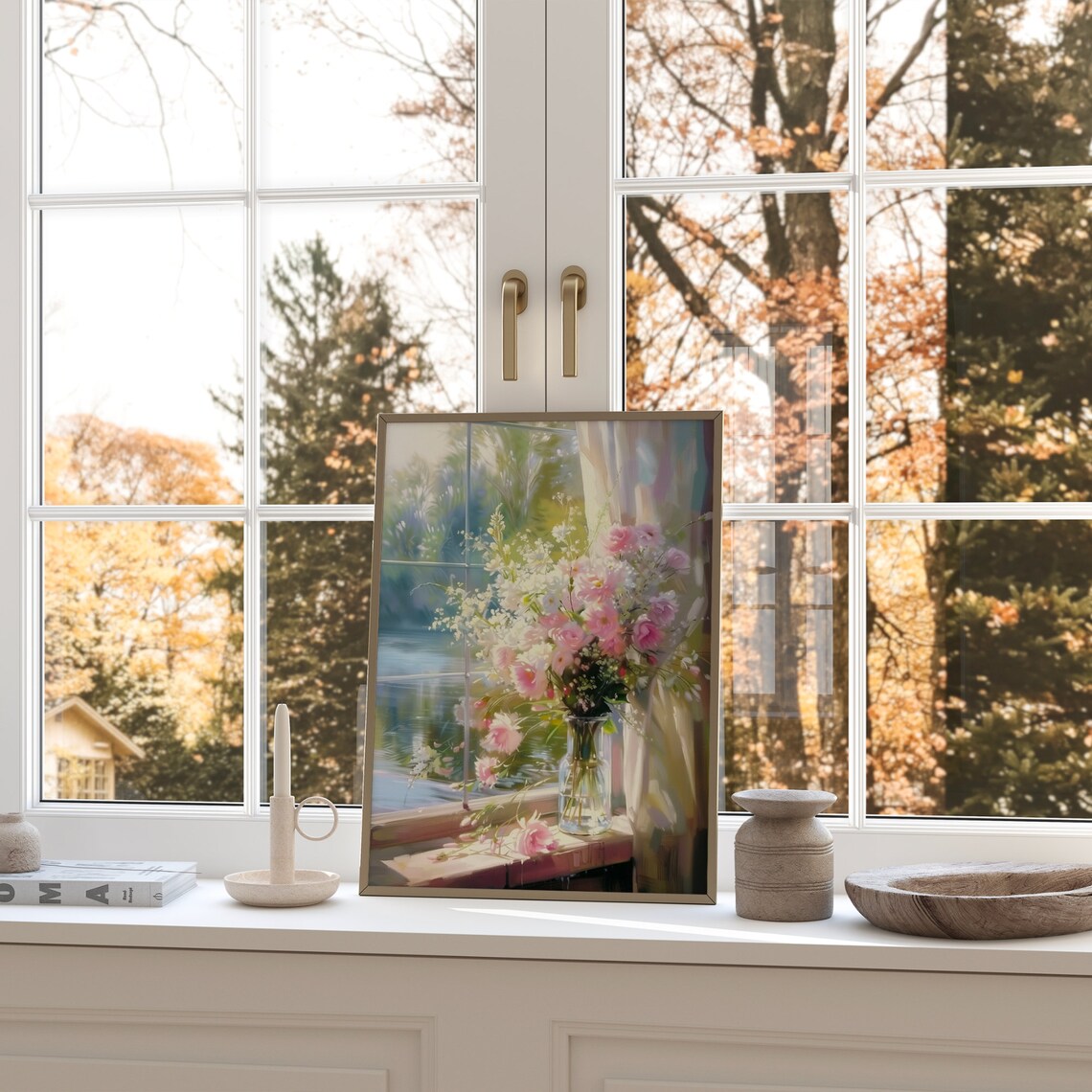 Pink Roses Wildflowers Glass Vase Sunny Windowsill Water View Poster - Image 2