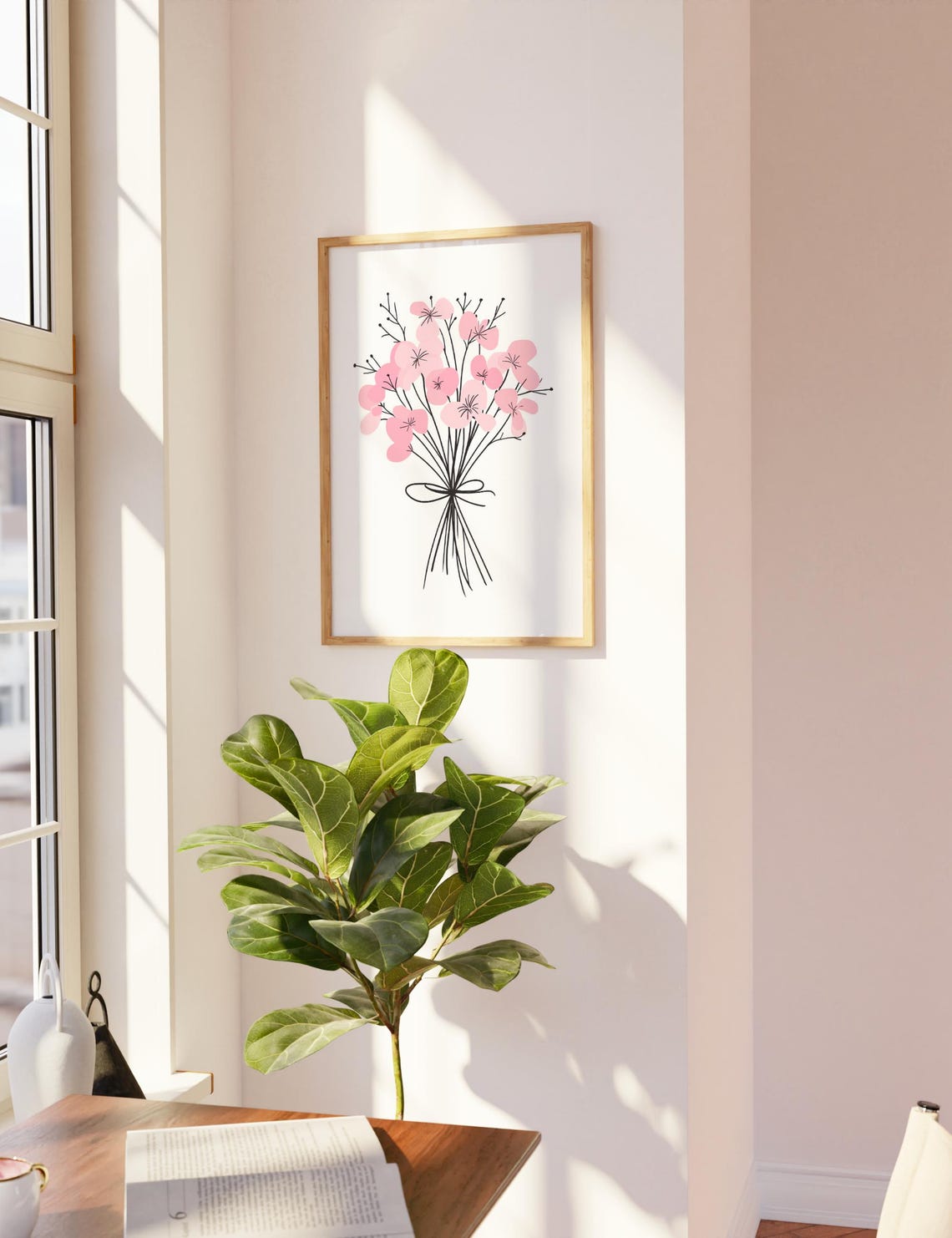 Pink Blossom Bouquet Black Line Art Minimalist Floral Wall Art - Image 3
