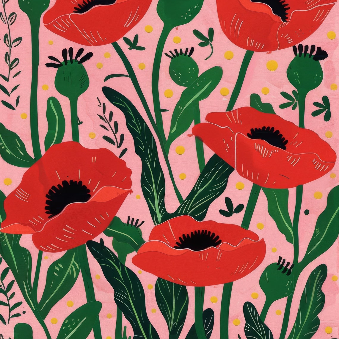 Wild Red Poppy Flowers Folk Art Pink Background Botanical Poster - Image 2