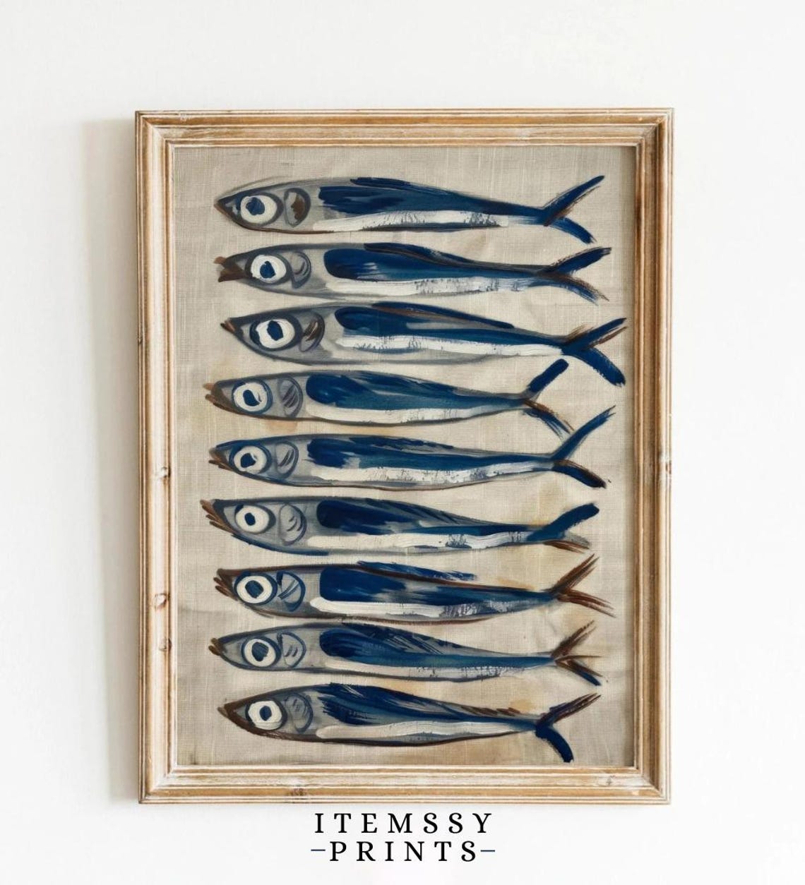 Blue Sardines Watercolor Fish Painting Coastal Kitchen Decor Poster