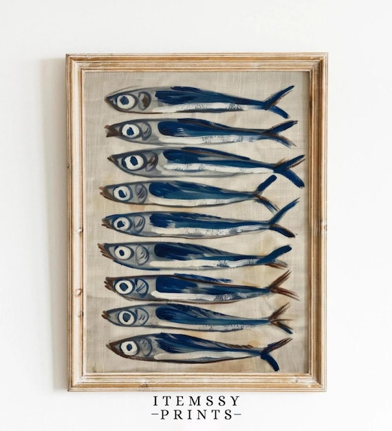 Sardine Painting Antique Still Life Fish Art Vintage Sea Life Print Wall Decor For Fish Restaurant Nautical Fish Coastal Home Art
