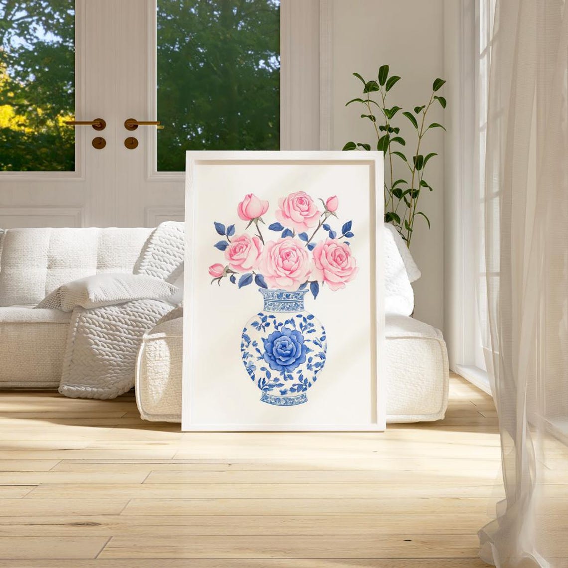 Pink Roses In Blue White Porcelain Vase Floral Watercolor Wall Poster - Image 3