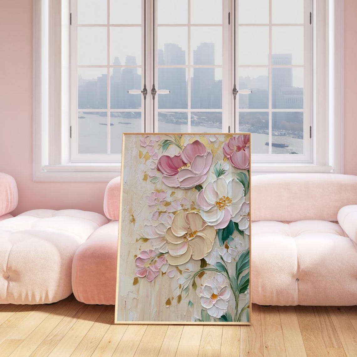 Pink Floral Impasto Painting Textured 3D Flower Gold Accent Poster - Image 3