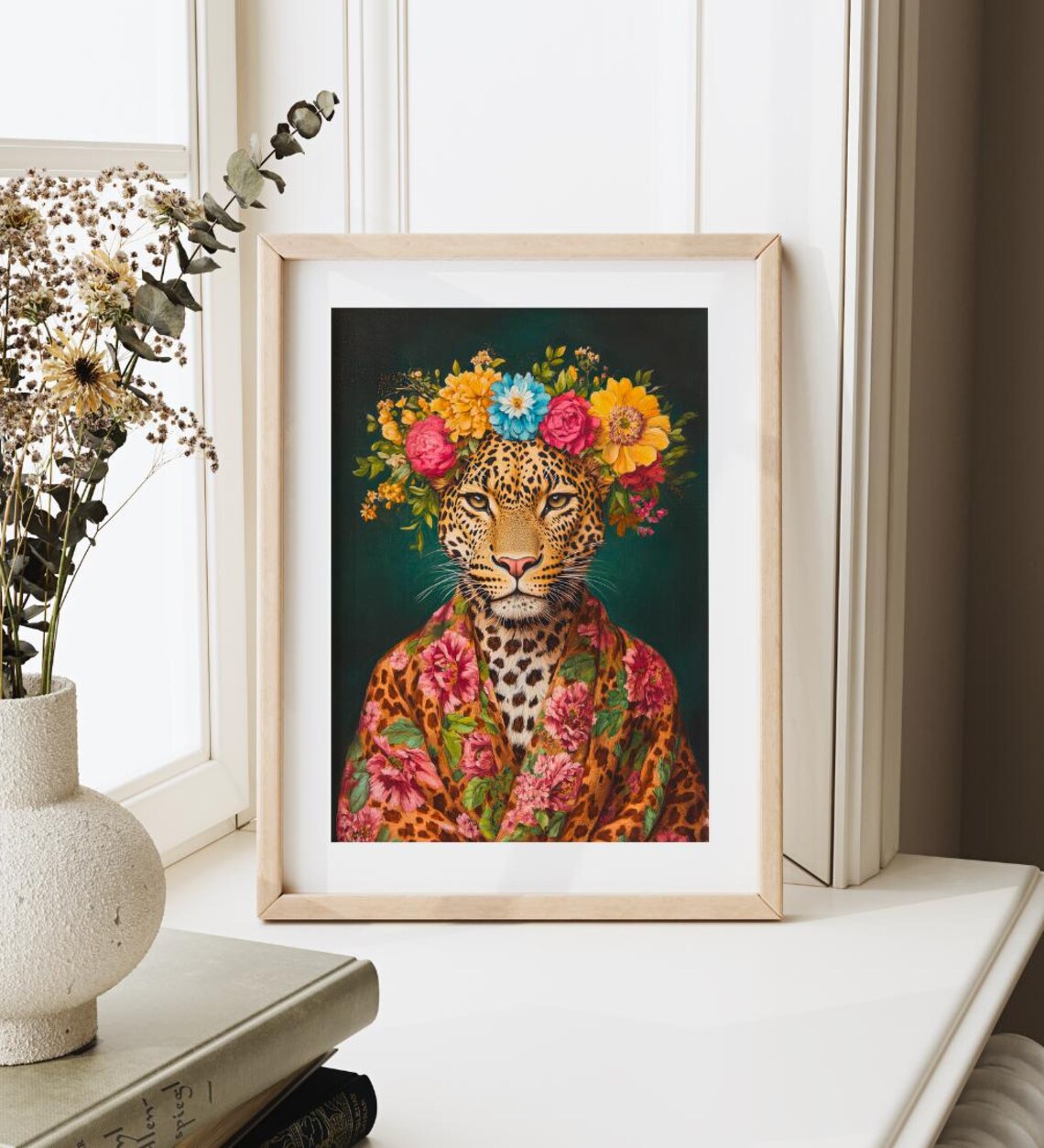 Floral Crowned Leopard Art Print, Maximalist Portrait - Image 3