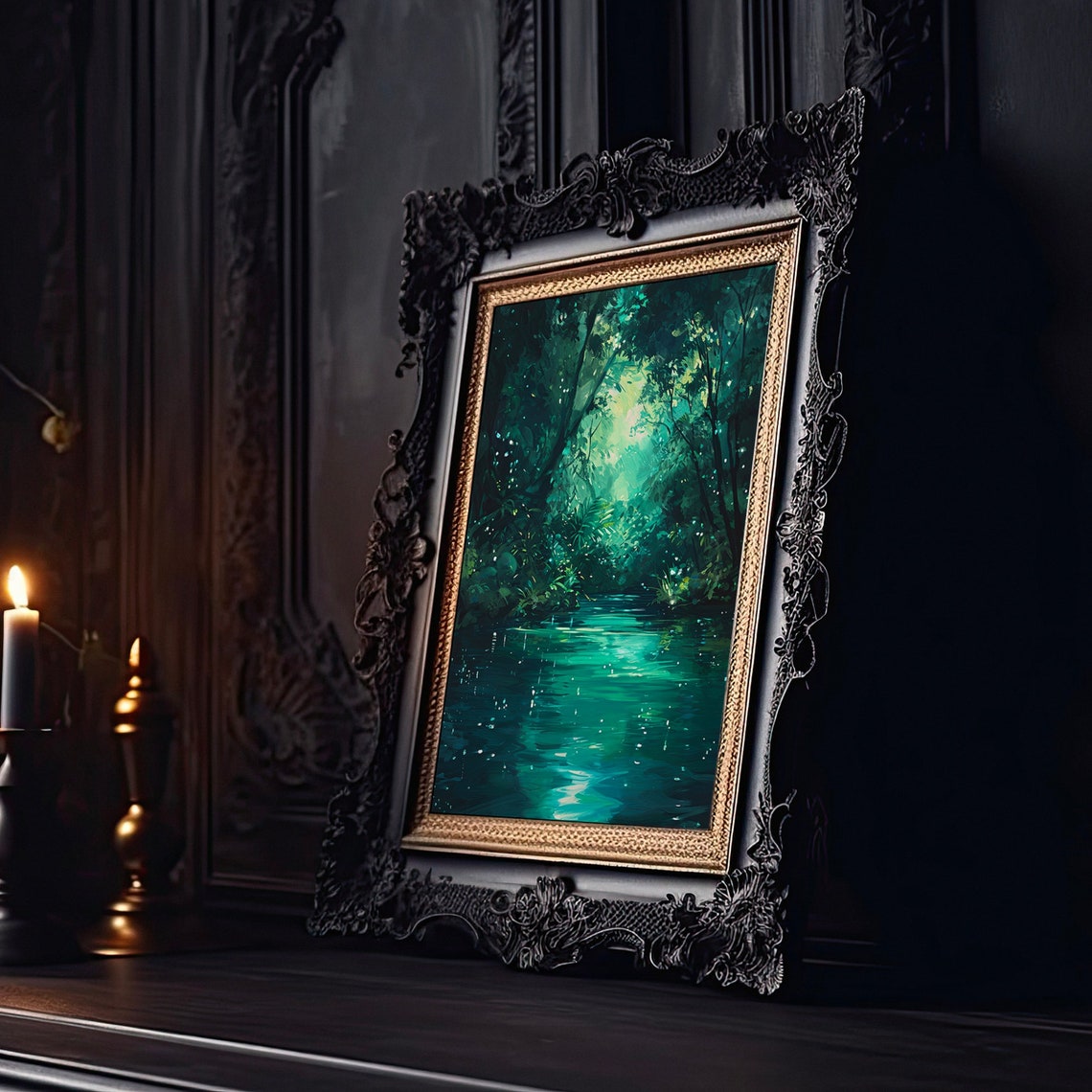 Emerald Forest River Luminous Jungle Waterway Painting Print - Image 2