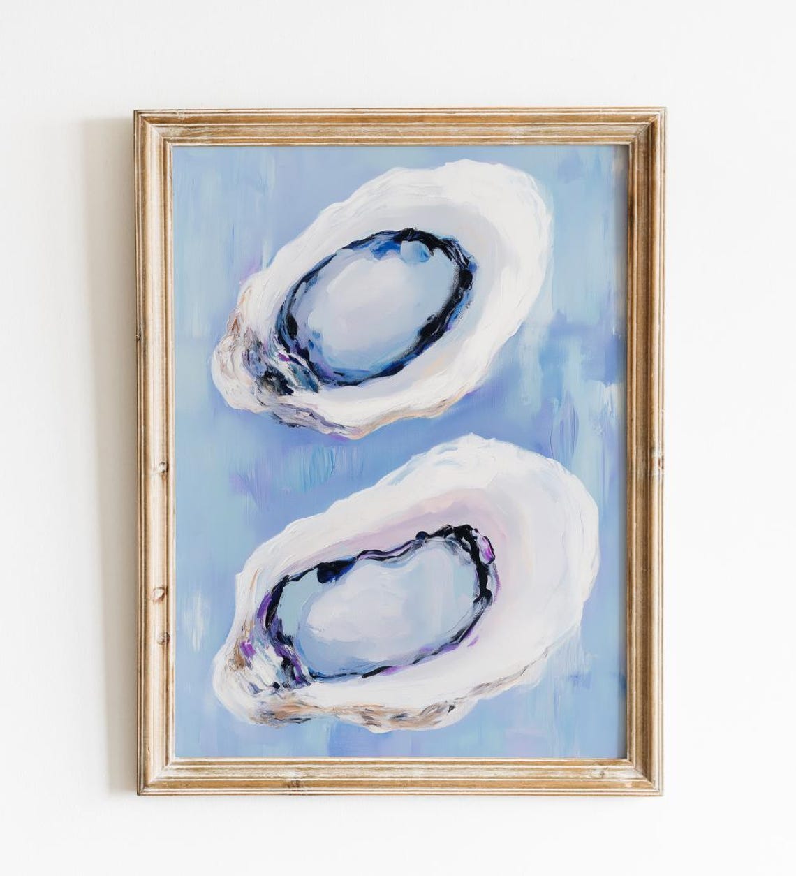 Coastal Oyster Shells Painting Blue Background Seafood Art Poster