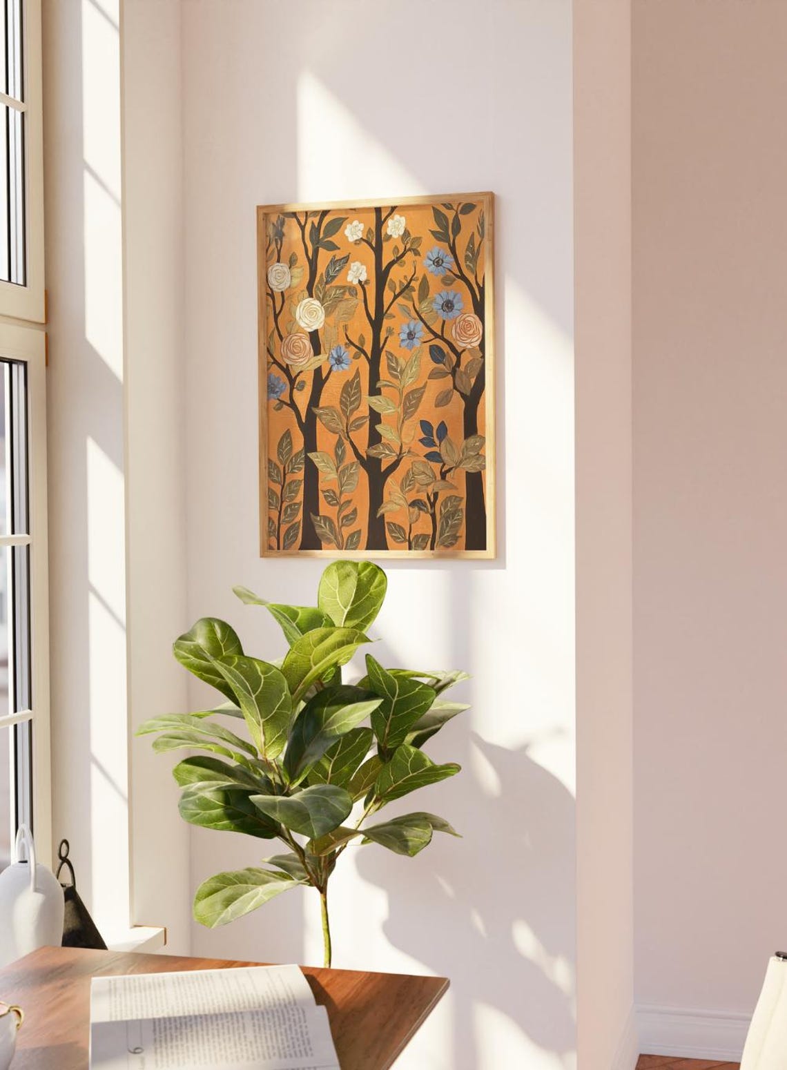 Vintage Folk Art Blossom Trees Burnt Orange Botanical Wall Poster - Image 2