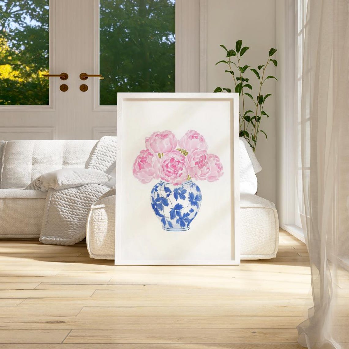 Pink Peonies In Blue White Chinoiserie Ginger Jar Watercolor Poster - Image 3