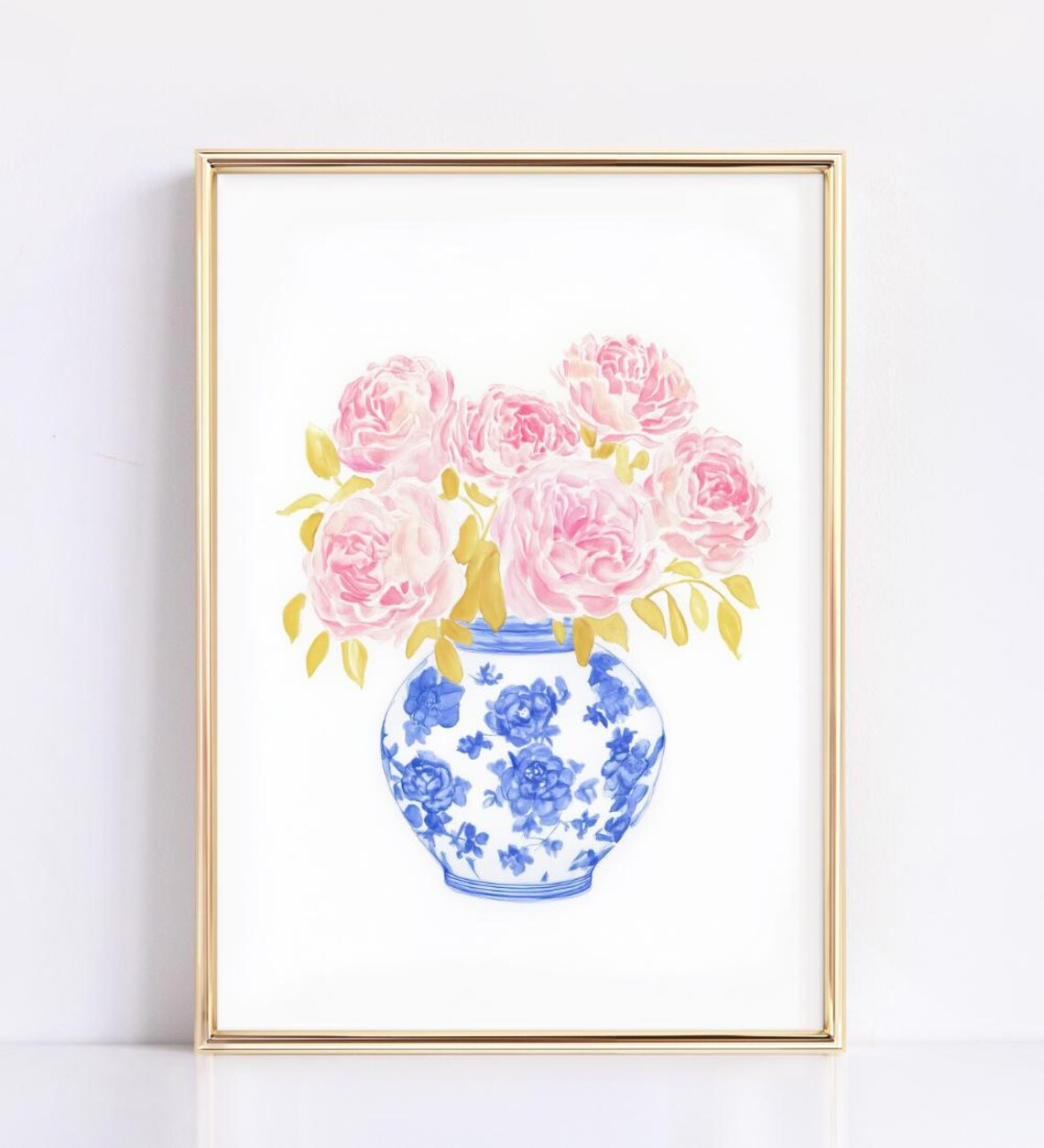 Pink Peonies Blue White Porcelain Vase Watercolor Floral Art Print - Image 3