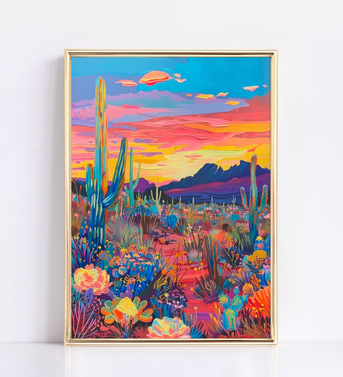 Neon Desert Sunset Saguaro Cactus Bold Arizona Inspired Cacti Poster