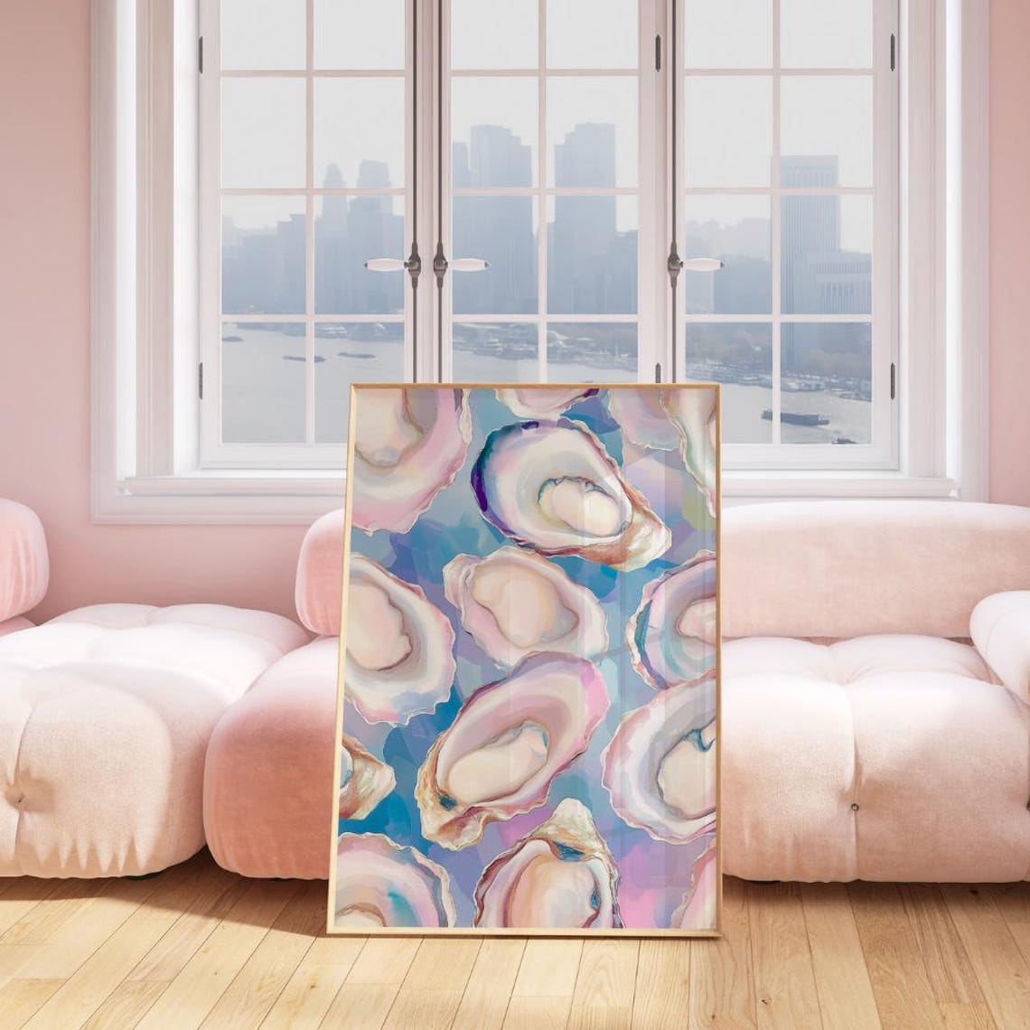 Pastel Oyster Shells Watercolor Pattern Pink Blue Coastal Art Poster - Image 2