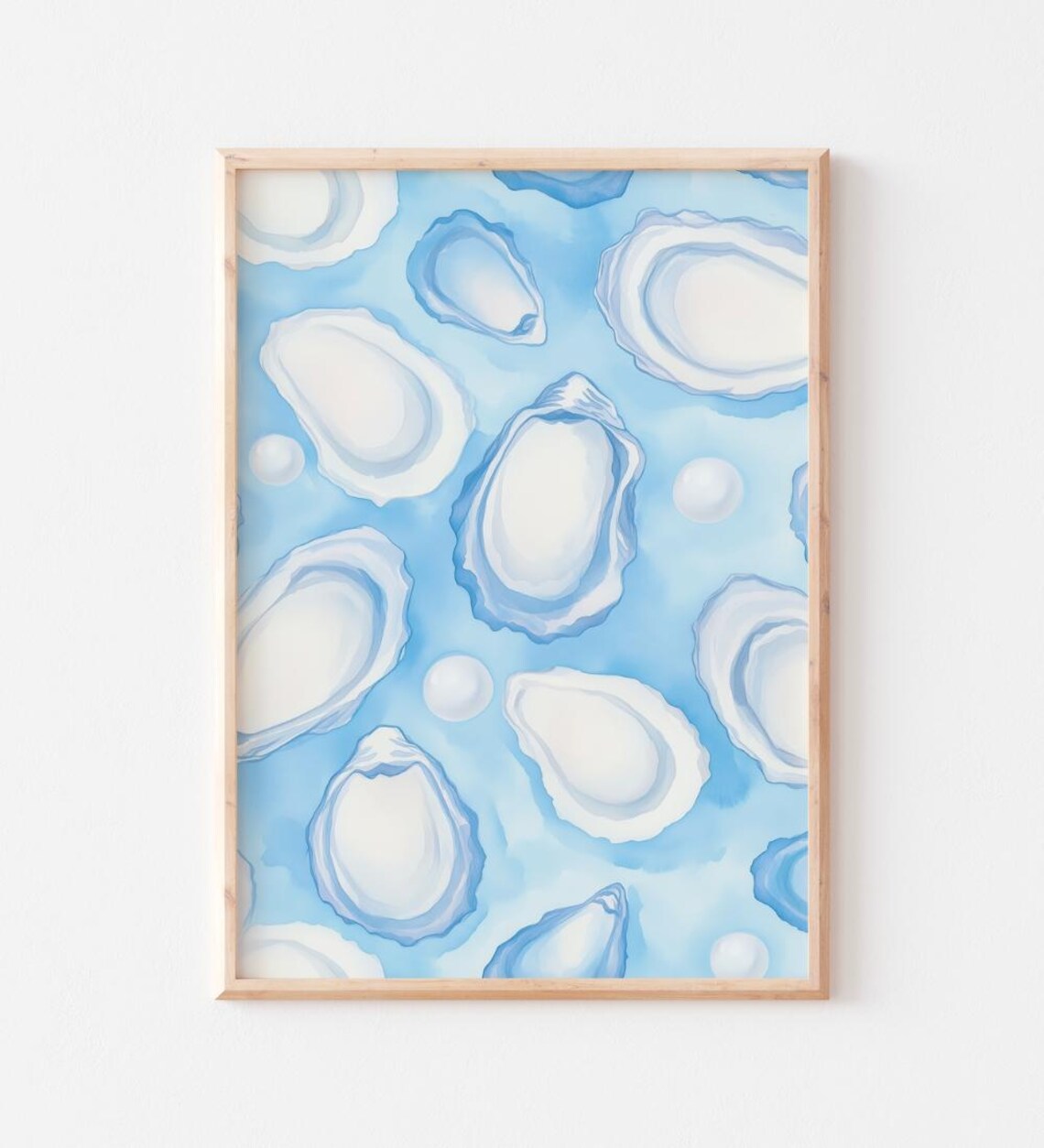 Watercolor Oyster Shells on Blue Art Print Coastal Summer Beach Pearl Decor - Image 3