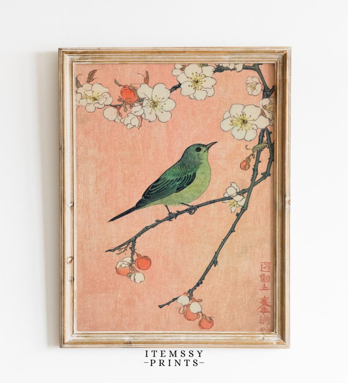 Antique Japanese Botanical Print, Vintage Floral Bird Illustration