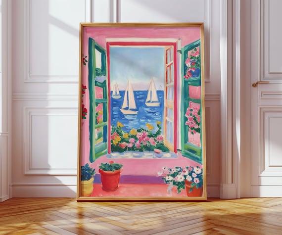 Matisse Style Open Window with Sailboats Pink Coastal Wall Art