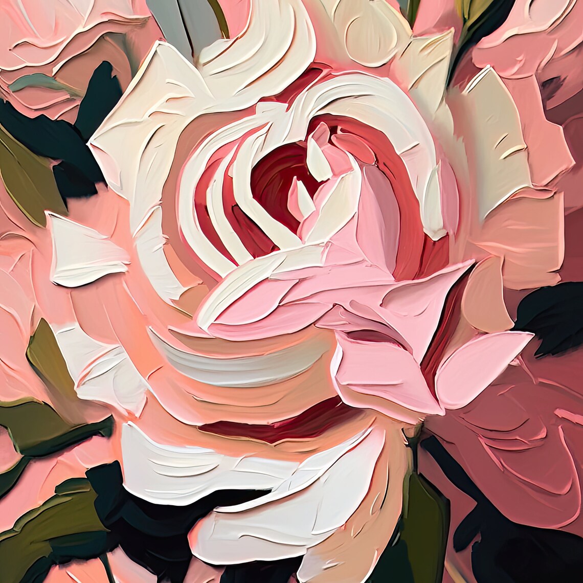 Pink Rose Close Up Impasto Oil Painting Romantic Floral Art Poster - Image 2