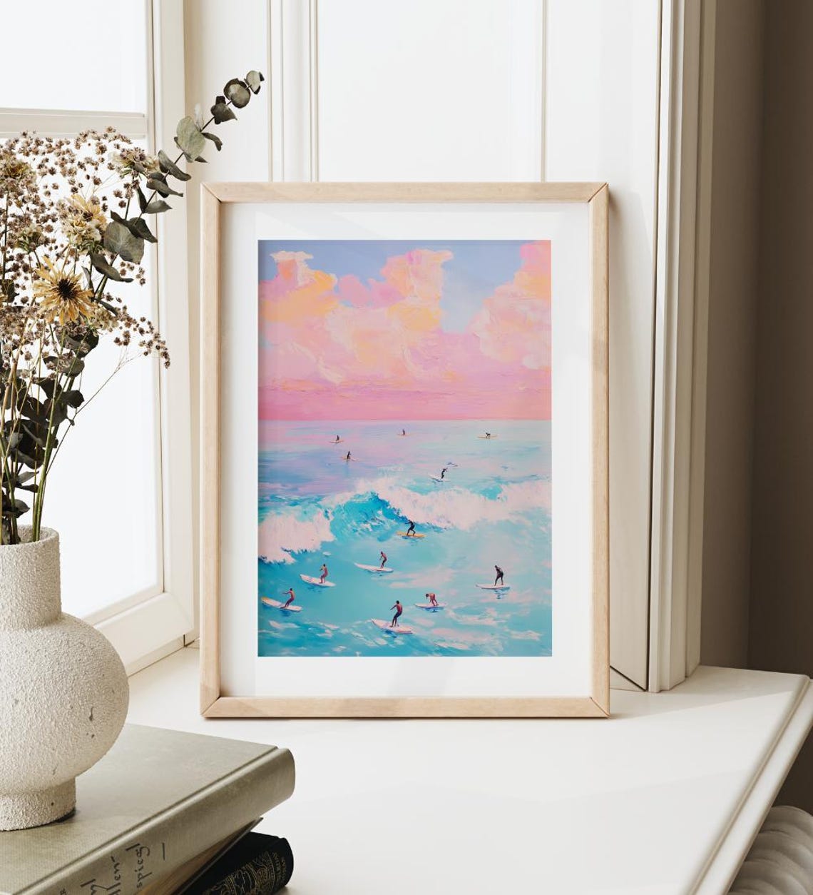 Aerial Surfing Painting Pastel Pink Ocean Waves Surf Art Poster - Image 3