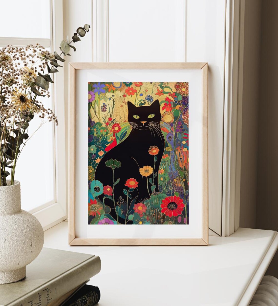 Regal Black Cat Among Golden Flowers Art Nouveau Style Poster - Image 3
