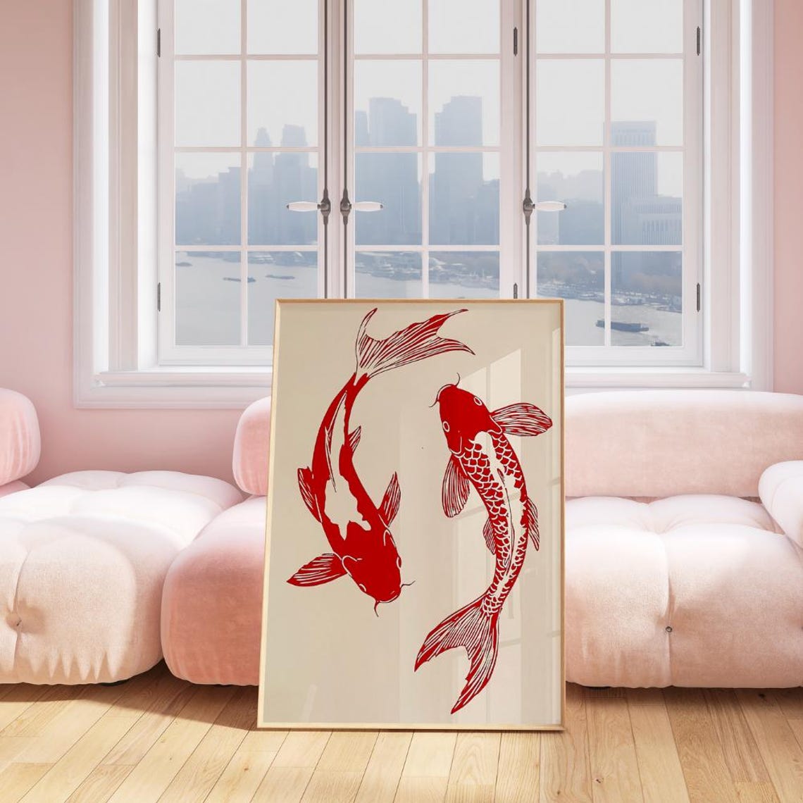 Two Red Koi Fish Dancing Bold Graphic Minimal Japanese Fish Art Poster - Image 2