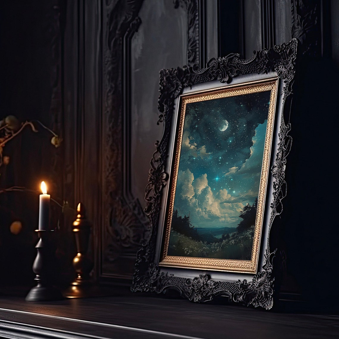 Teal Starry Night Sky Moon Over Meadow Vintage Celestial Poster - Image 2