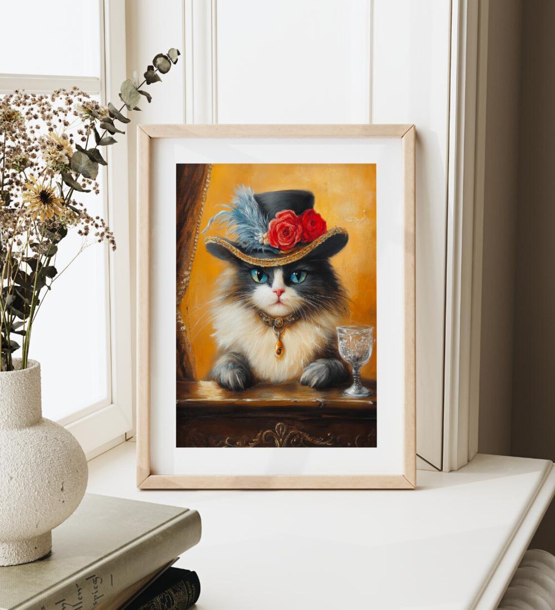 Fancy Cat In Feather Hat With Wine Glass Vintage Style Poster - Image 2
