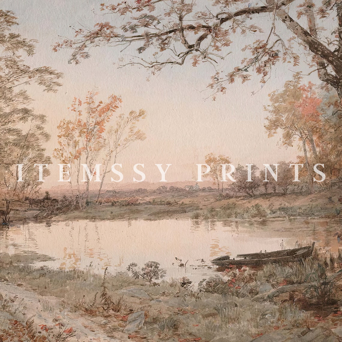 Autumn Pond With Rowboat Muted Fall Landscape Painting Poster - Image 2