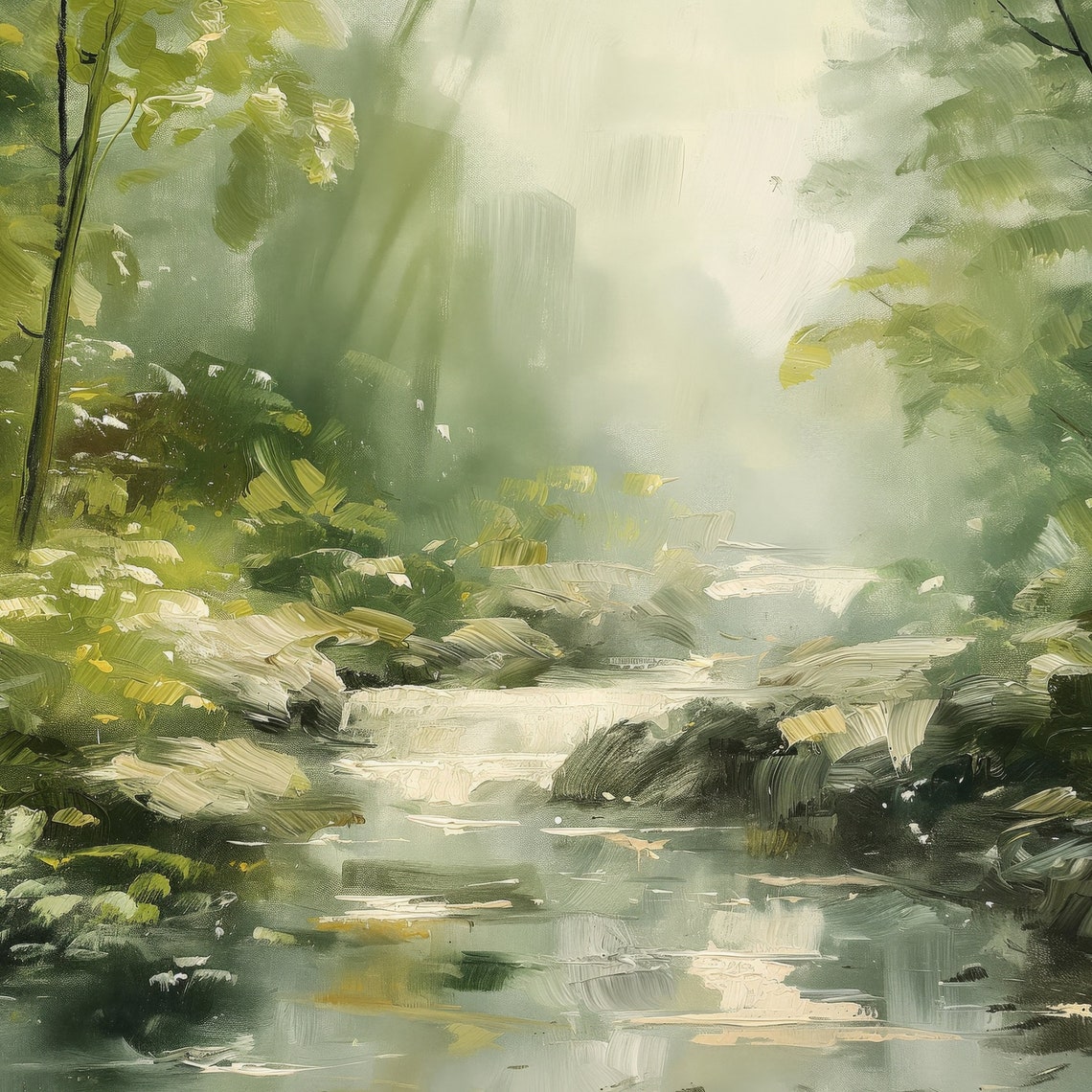 Misty Green Forest Stream Impressionist Landscape Calm Nature Poster - Image 2