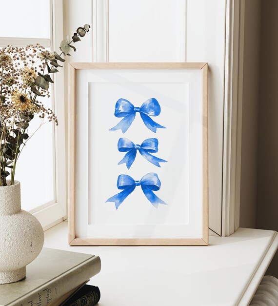 Coquette Room Decor Blue Bow Art Cute Trendy Preppy Wall Decor Coastal Nursery Print Girly Wall Art