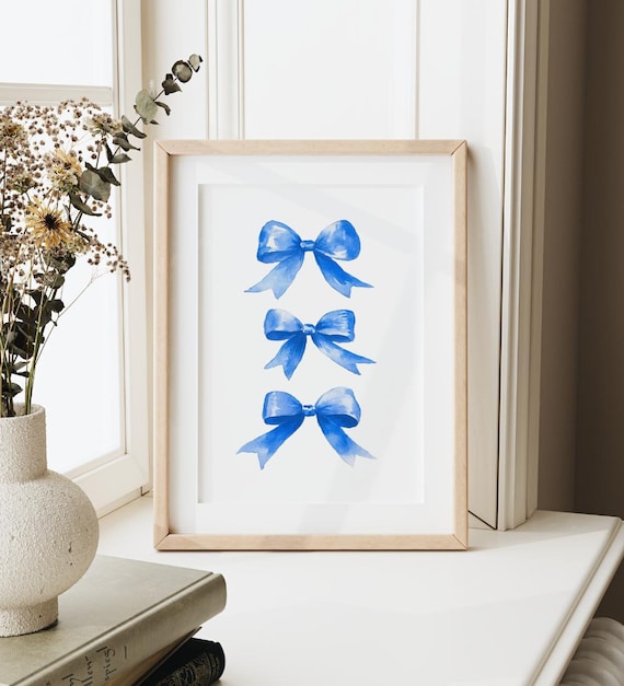Three Blue Watercolor Bow Trio Preppy Coquette Girl Bedroom Wall Poster
