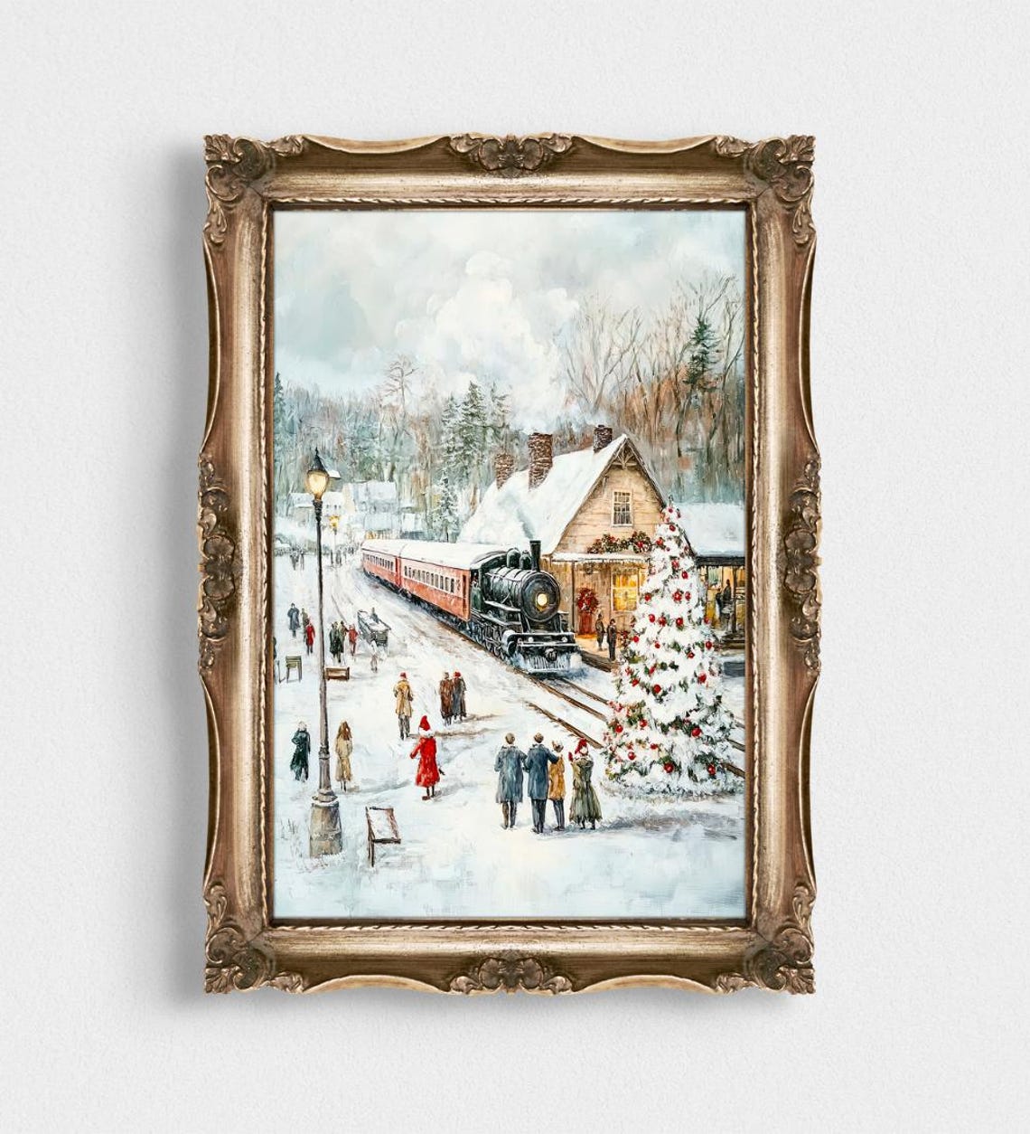 Vintage Steam Train Arriving At Snowy Christmas Station Poster