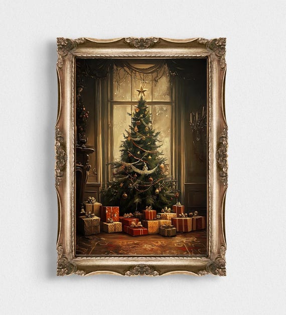 Moody Christmas Tree Wall Art Abandoned House Holiday Painting Dark Cottagecore Decor Gothic Poster Retro Winter Print