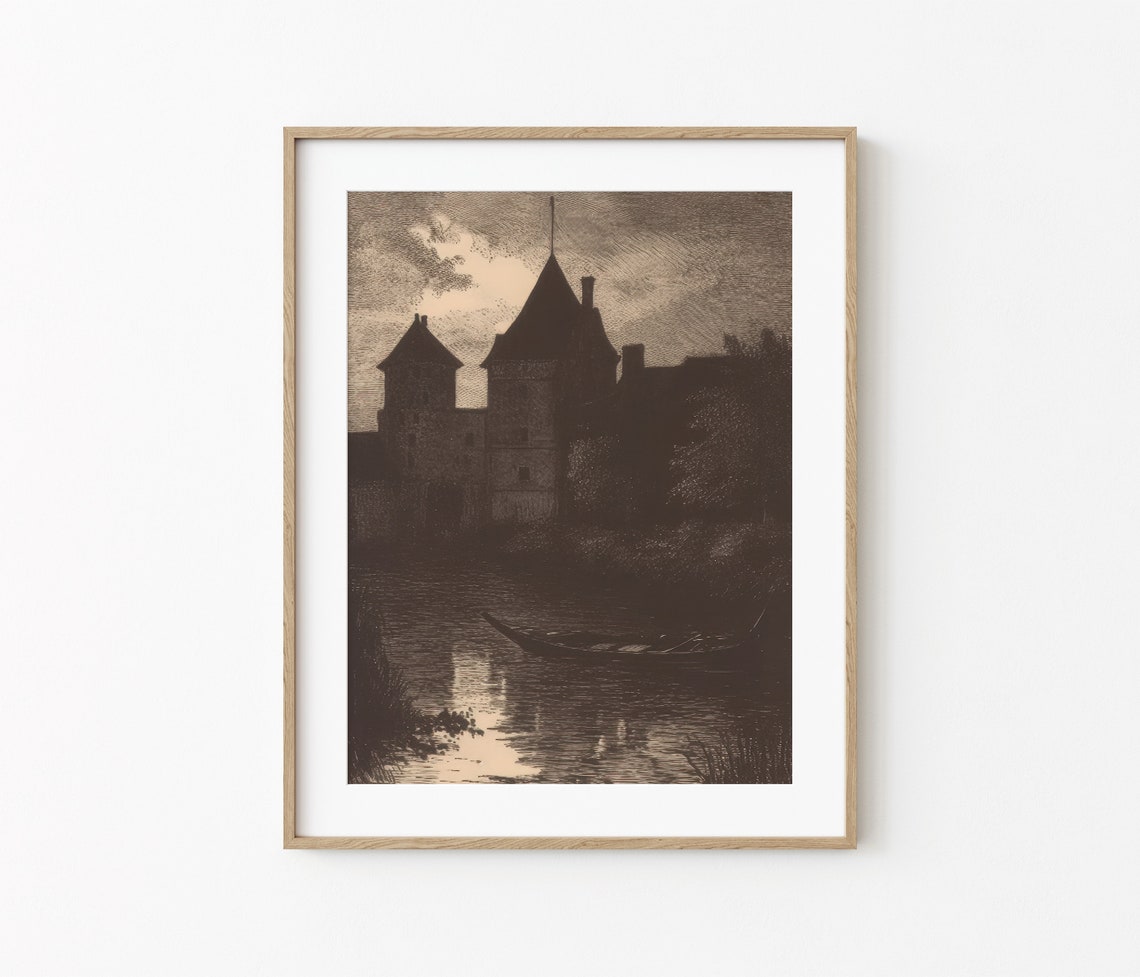 Dark Castle By The Water Gothic Night Etching Mystery Art Poster - Image 2