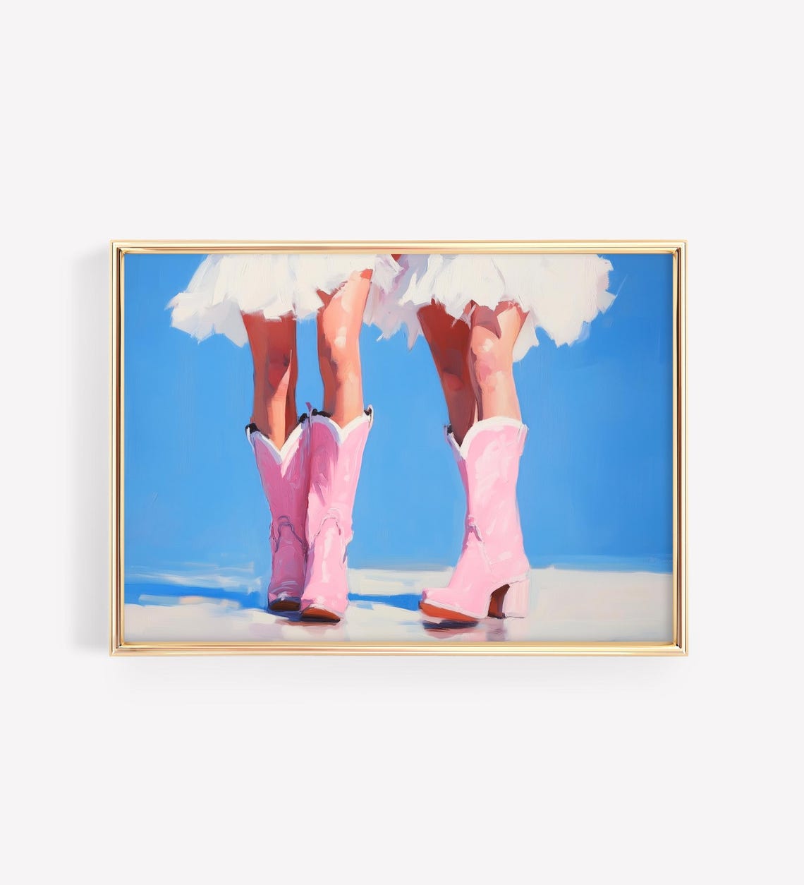 Girls in Pink Cowboy Boots and White Dresses Beach Coastal Wall Art - Image 2