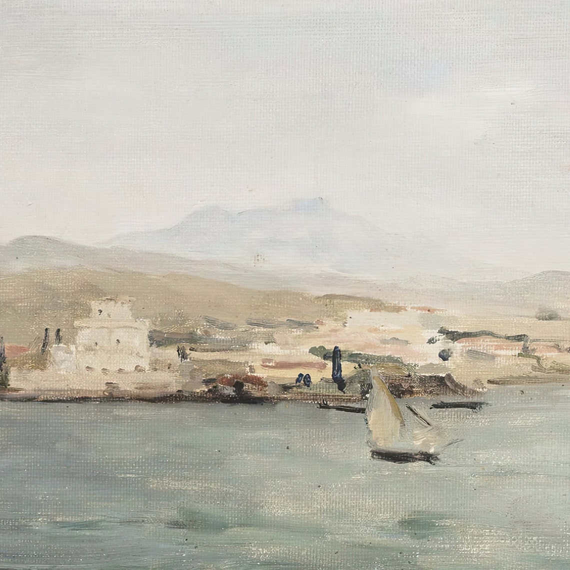 Muted Coastal Seascape With Sailboat Vintage Shore Painting Print - Image 2