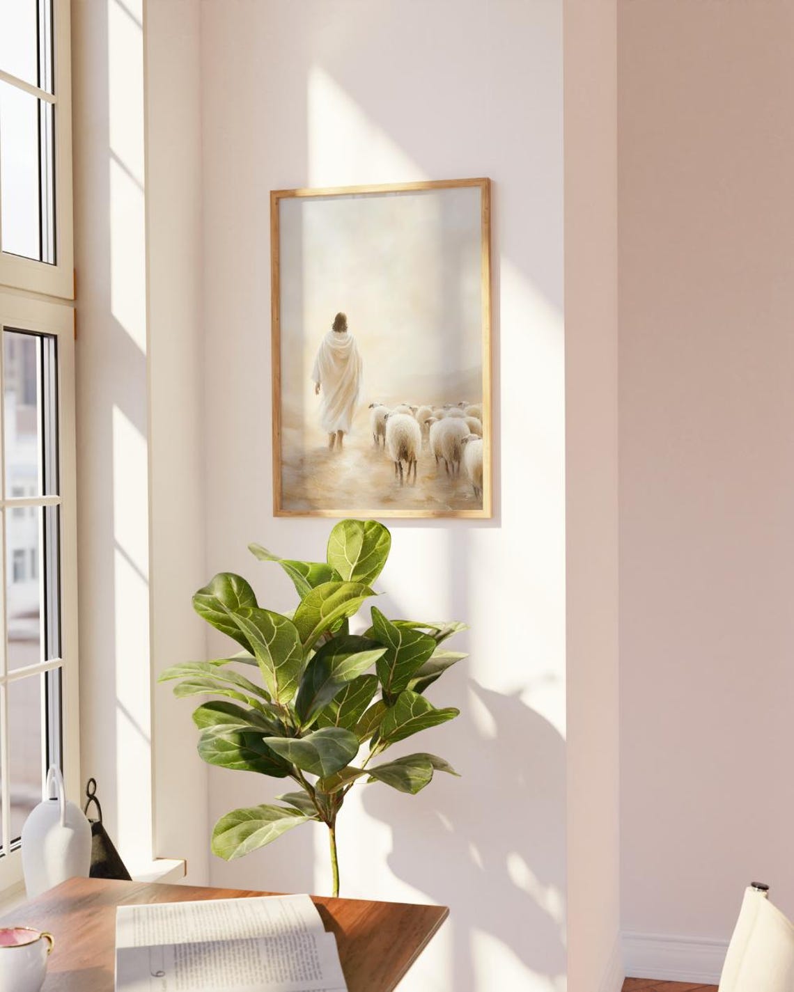 Jesus Leading His Sheep Flock Into Soft Golden Misty Light Poster - Image 2