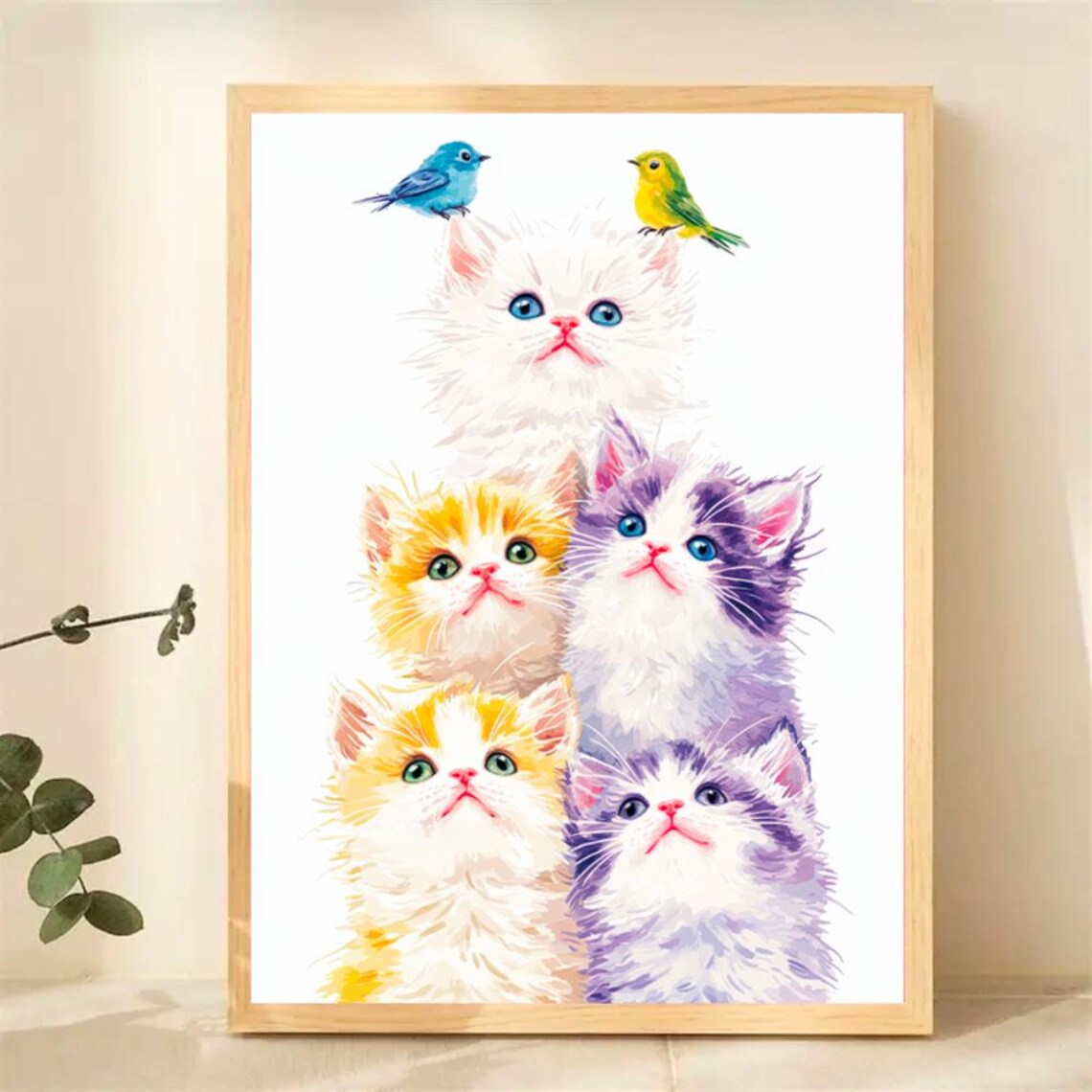 Five Watercolor Kittens With Birds Cute Pastel Nursery Poster
