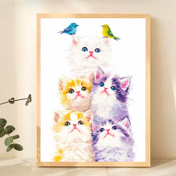 Five Watercolor Kittens With Birds Cute Pastel Nursery Poster