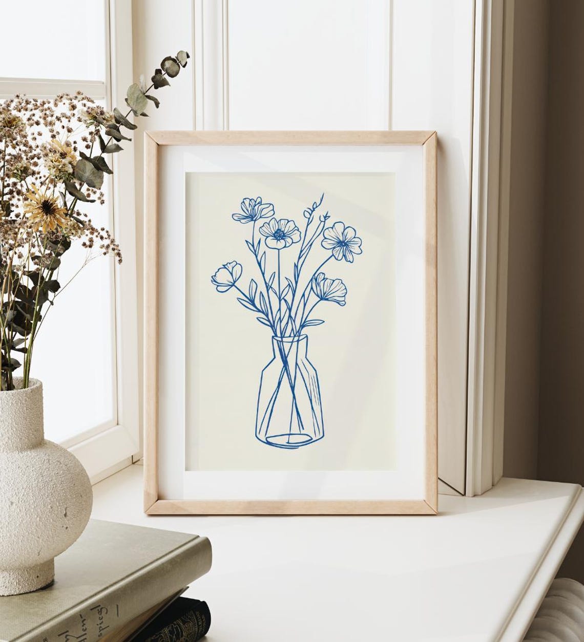 Blue Fine Line Flowers Vase Minimalist Botanical Line Art Poster - Image 4