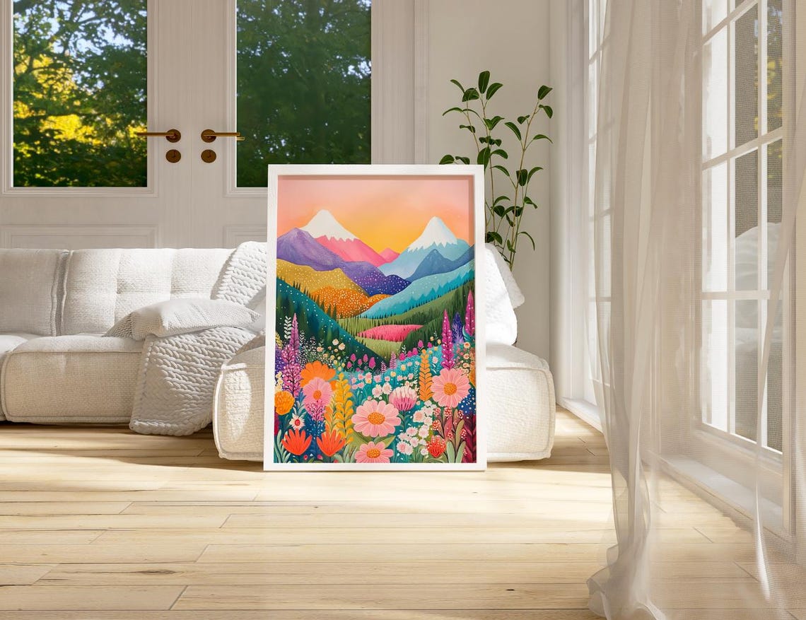 Colorful Mountain Wildflower Meadow Pink Peaks Sunset Wall Art - Image 3