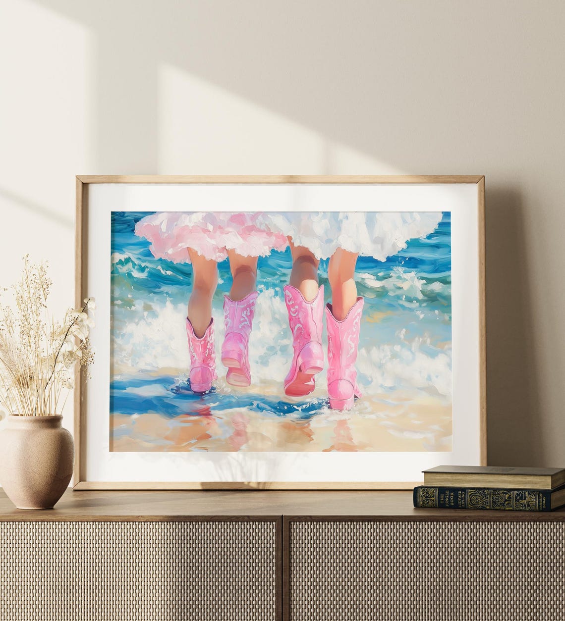 Girls in Pink Cowboy Boots Running Through Ocean Waves Beach Wall Art - Image 3