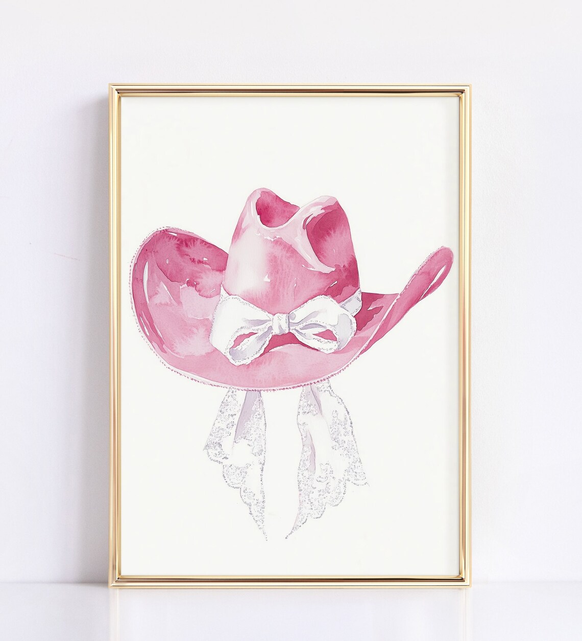 Pink Cowgirl Hat with White Bow Watercolor Girly Western Wall Art