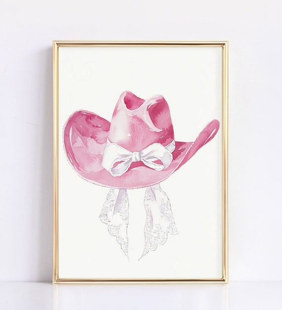 Girly Western Pink Cowgirl Hat Art Vintage Coquette Decor Country Dorm Room Aesthetic Watercolor Nursery Wall Art Print