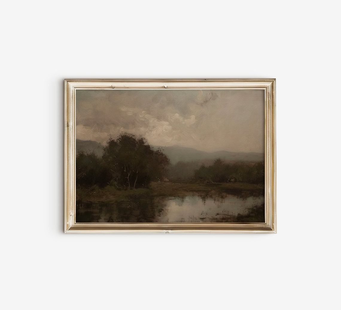 Dark Riverbank With Trees Moody Evening Reflections Painting Print
