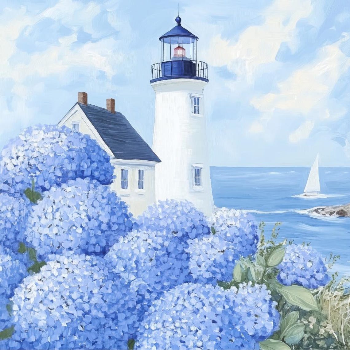 Lighthouse Sailboats Blue Hydrangeas Coastal Seaside Art Poster - Image 2