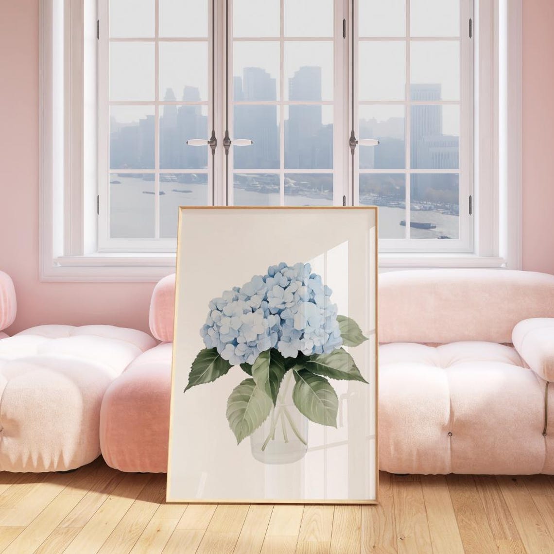 Blue Hydrangea Bloom In Glass Vase Watercolor Floral Still Life Poster - Image 3